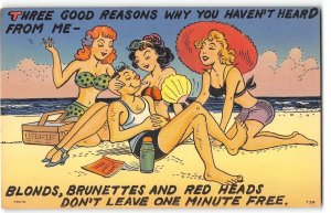 Blondes, Brunettes, Redheads Bathing Beauties Bikinis Risque Comic '40s Postcard