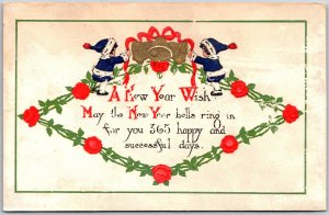 A New Year Wish, 1916 Children In Winter Outfits Golden Bell Red Roses, Postcard