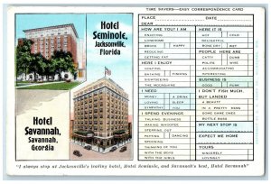 c1940 Hotel Seminole Savannah Georgia Jacksonville Florida Advertising Postcard