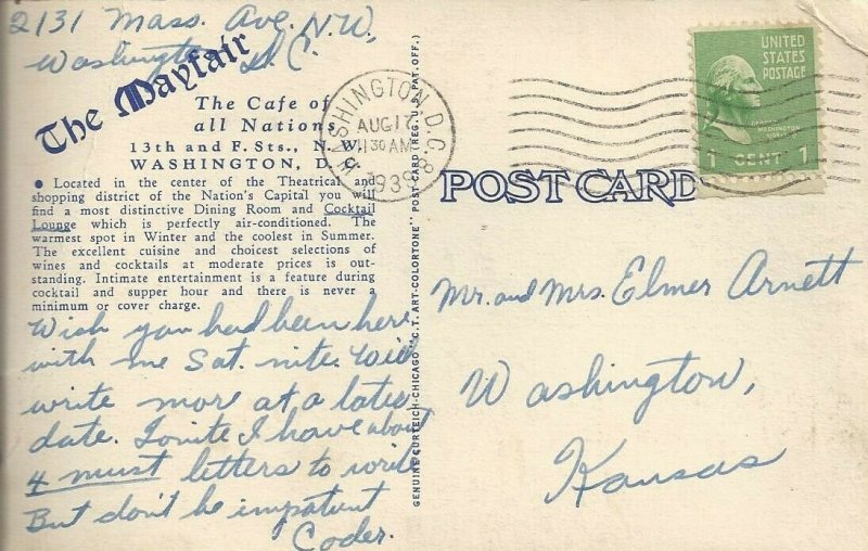 The Cafe Of All Nations, The Mayfair, Washington, D. C. Vintage Linen Postcard 