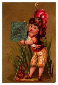 Turqove  Stamp, Flag, Girl   Victorian Philatelic Trade Card