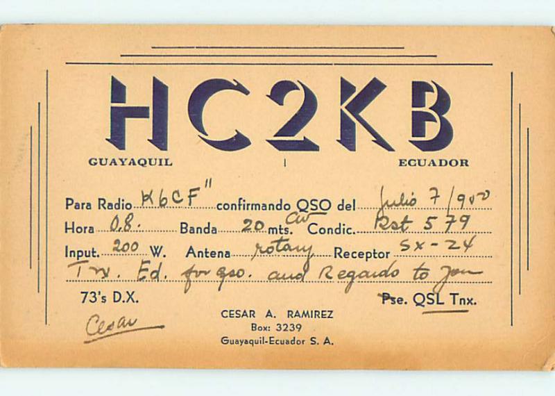 vintage QSL HAM RADIO CARD Guayaquil ECUADOR t1812