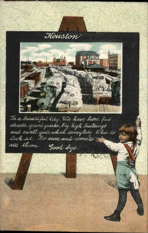 Houston TX Texas RR Trains Cotton Boy Chalkboard Border Bottler Bros Postcard