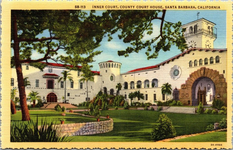 Vtg 1930's Inner Court County Court House Santa Barbara California CA Postcard