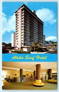 WAIKIKI, HONOLULU Hawaii HI ~ Roadside ALOHA SUR HOTEL Lobby Interior Postcard