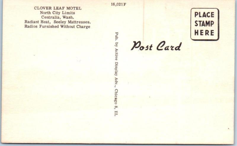 CENTRALIA, Washington  WA   Roadside CLOVER LEAF MOTEL  ca 1940s Linen Postcard