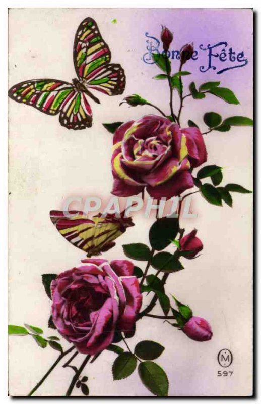 Old Postcard Fantasy Flowers Butterfly Butterflies