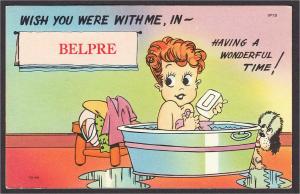 Belpre OH Woman in Bathtub Soap & Dog Wish You Were Here Comic Postcard 1940s