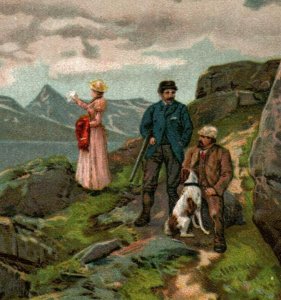 Hunters on Mountain side With Dog  Postcard Arcade Trade Card