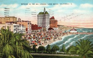 Vintage Postcard 1940's Bathing in the Sea Lagoon Long Beach Crowd California CA