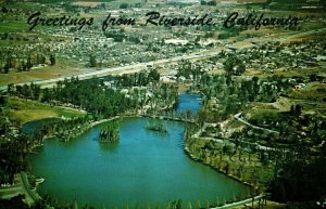 Vintage Bird's Eye View & Lake Evans Riverside, CA Postcard F84 
