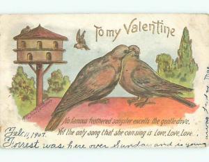 Bent Corner Pre-1907 valentine LOVE BIRDS WITH A BIRD HOUSE o3252