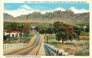 Linen Postcard Viaduct US Hwy 80 into Las Cruces NM, Organ Mts. Doña Ana County