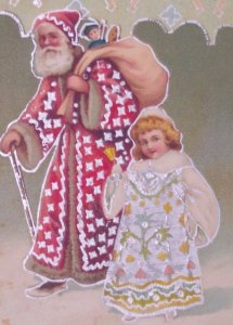 Santa Claus Stars Robe Child Silver Gilt Vintage Christmas Postcard Germany