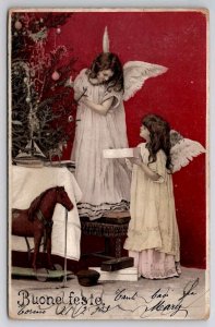 Christmas Darling Angels Decorating Tree 1903 Fantasy Postcard C39