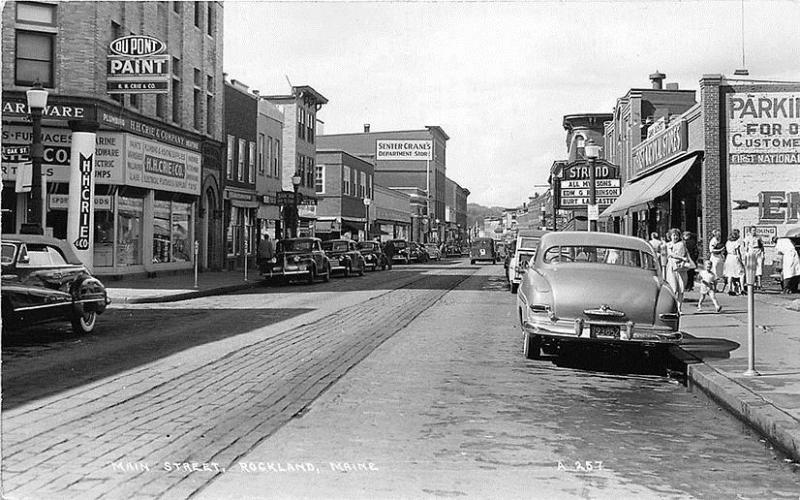 Rockland ME Movie Theatre Marquee Storefronts Old Cars RPPC Postcard