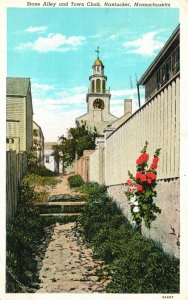 Vintage Postcard 1943 Stone Alley And Town Clock Nantucket Massachusetts MA