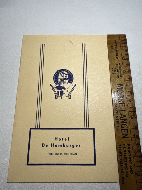 Vintage 40s HOTEL DE HAMBURGER Restaurant Menu Three Rivers Michigan Rare