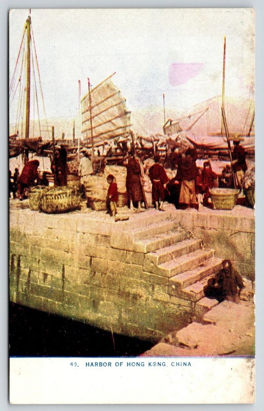 Hong Kong China~Harbor Wharf Steps~Fish Baskets~Ships With Sails~c1910 Postcard 