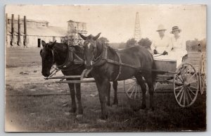 RPPC Two Women with Pretty Horses and Carriage Farm Tower Postcard B26