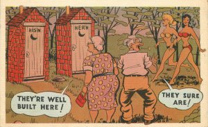 1940s Sexy women Well Brick Outhouse comic humor Bain Postcard 22-10134