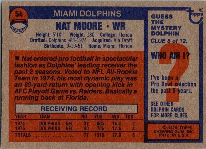 1976 Topps Football Card Nat Moore Miami Dolphins sk4486