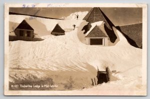 RPPC Skiing Down Snow Covered Roof of Timberline Lodge Mt Hood OR Postcard Y26