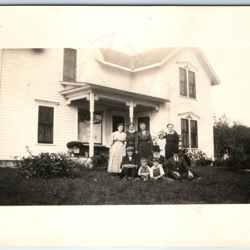 c1910s Outdoor Family Large House RPPC Portrait Group Old Men Women Photo A192