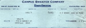 1939 CAMPUS SWEATER COMPANY CLEVELAND OH WALL'S ORRVILLE BILLHEAD INVOICE Z986