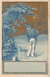 Approx. Size: 3 x 4.5 A man standing by a park bench  Late 1800's Tradecard N...