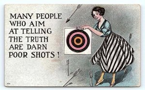 Comic PRETTY WOMAN & TARGET ~  Poor Shots at TELLING the TRUTH! c1910s Postcard