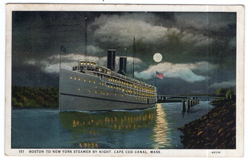 Boston To New York Steamer By Night, Cape Cod Canal, Mass