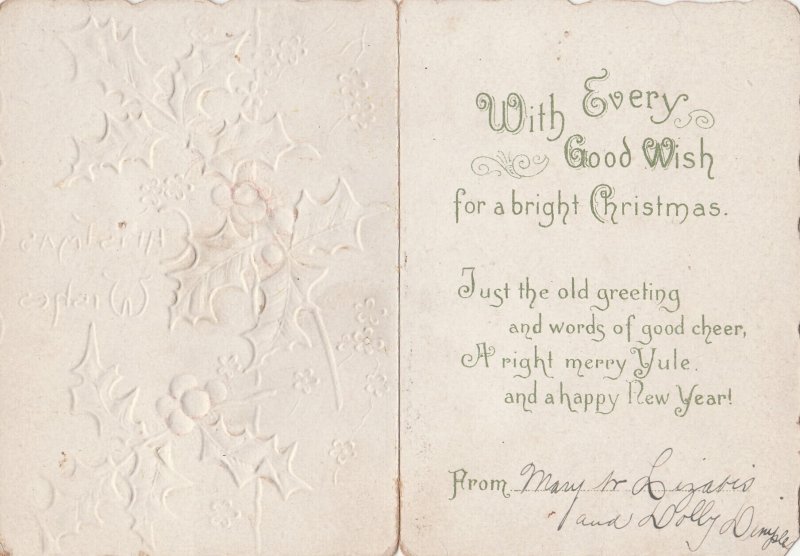 OLD ANTIQUE CHRISTMAS WISHES POSTCARD - HOLLY - EARLY 1900'S
