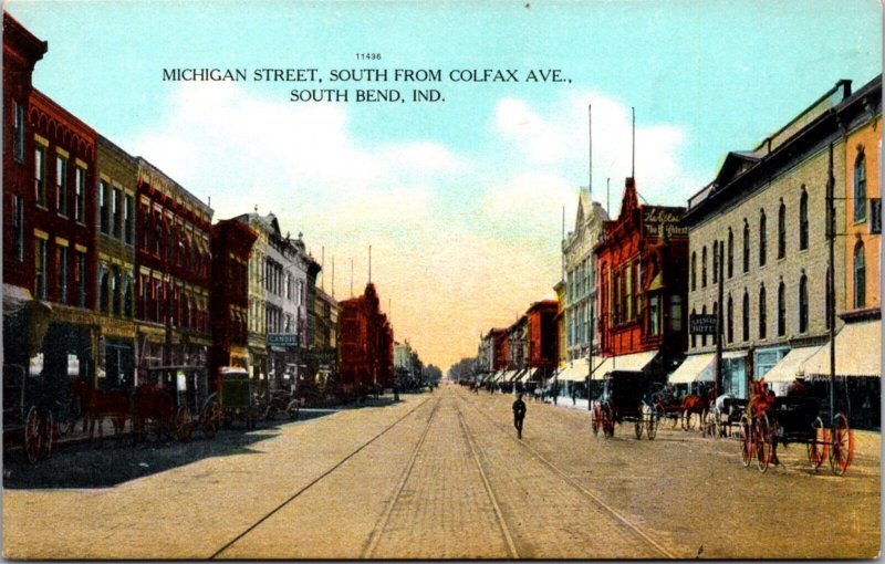 Postcard Michigan Street, South From Colfax Avenue in South Bend, Indiana