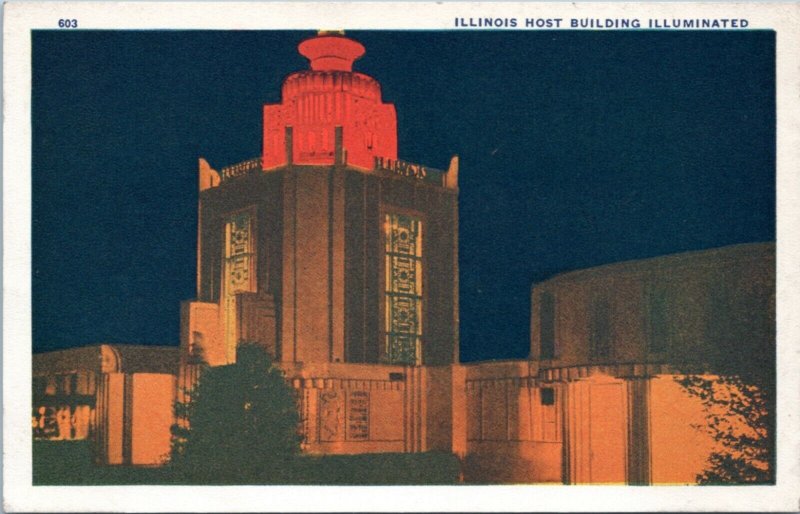 Postcard IL Chicago World's Fair - Illinois Host Building Illuminated
