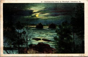 Vtg 1940s Chattahoochee River by Moonlight Columbus Georgia GA Linen Postcard