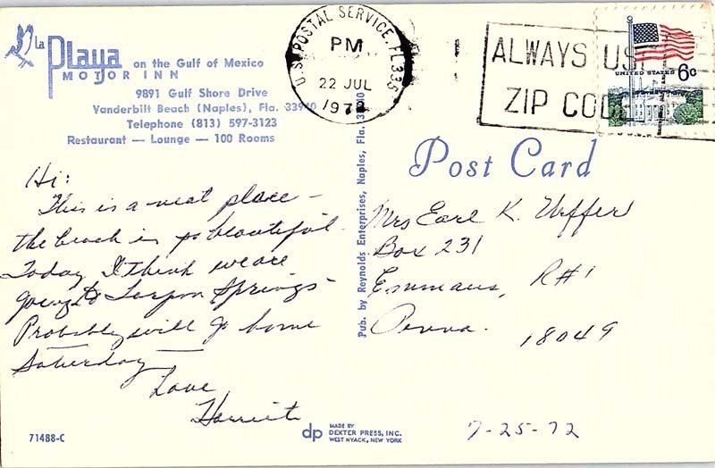 Postcard MOTEL SCENE Naples Florida FL AI7488