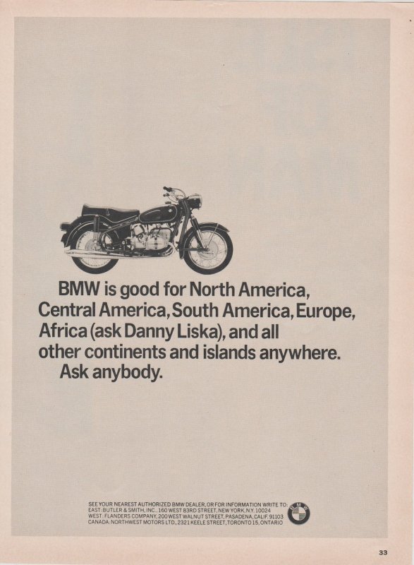 1966 Print Ad BMW Motorcycle, Good for North America....Ask Danny Liska