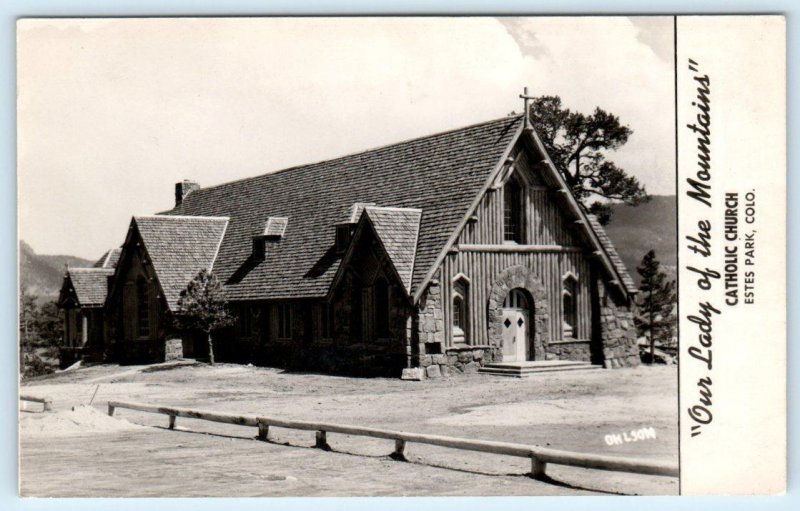 2 RPPC Postcards ESTES PARK, CO ~ Interior/Exterior LADY of the MOUNTAINS CHURCH