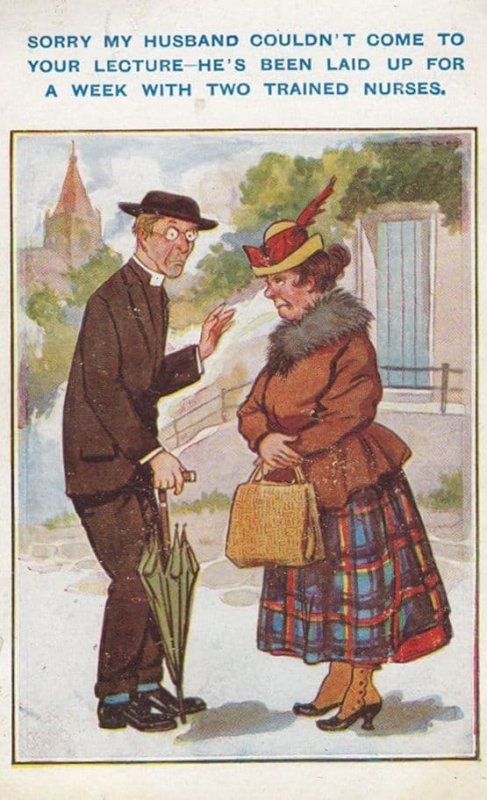 Vicar Priest Husband Laid With Two Nurse Nurses Antique Comic Humour Postcard