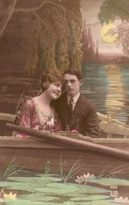 Vintage Postcard 1910's Romantic Couple Lovers Boating on Lake Sunset Paris