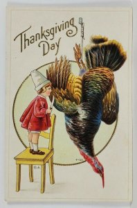 Thanksgiving Child with Large Turkey Embossed c1912 Postcard R12