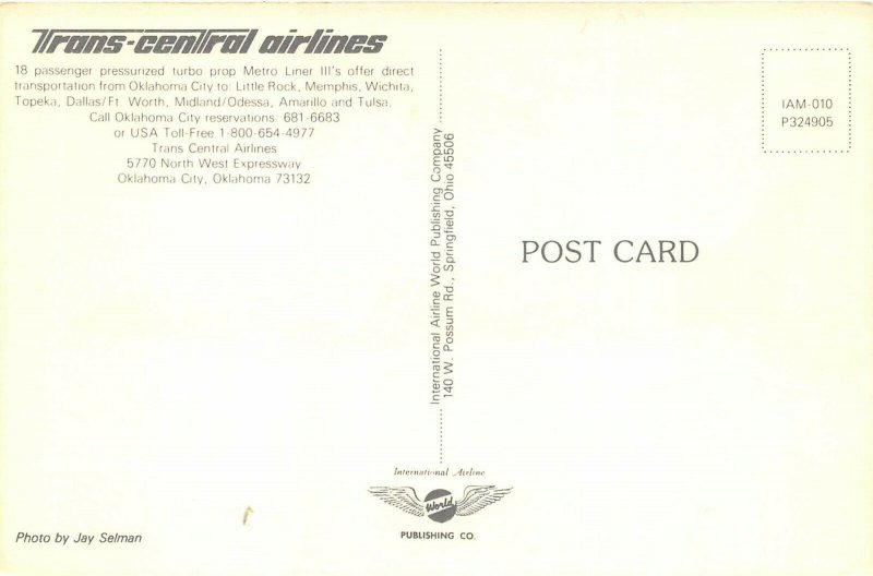 Trans Central Airlines Oklahoma City Oklahoma 1980s Aviation Airplane Postcard