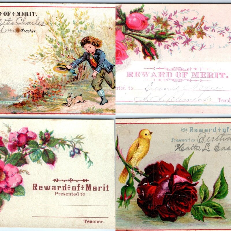 x4 LOT c1880s Reward of Merit Trade Cards Mixed Floral Antique Litho Prints C33