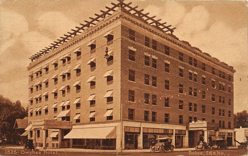 G17/ Boise Idaho Postcard 1912 Owyhee Hotel Buildoing Automobiles