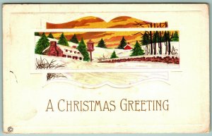 Sunset Winter Cabin Scene Art Deco Christmas Greetings Embossed DB Postcard I7