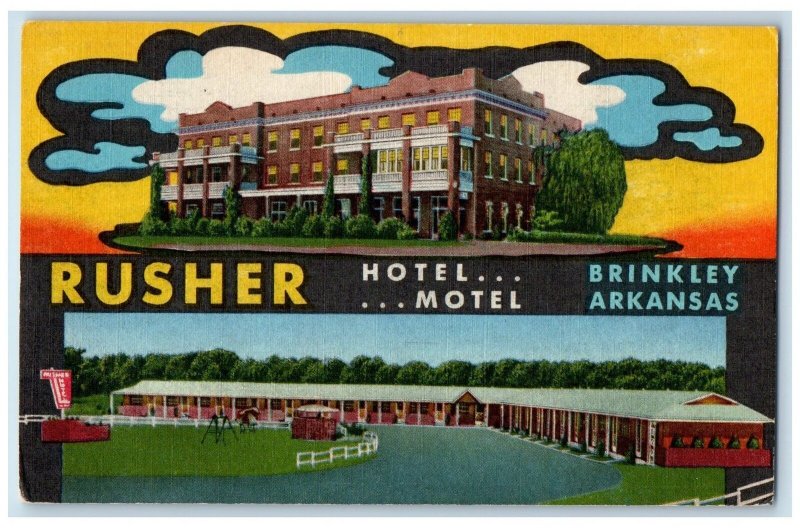 c1940's Rusher Hotel Motel & Restaurant Multiview Brinkley Arkansas AR Postcard