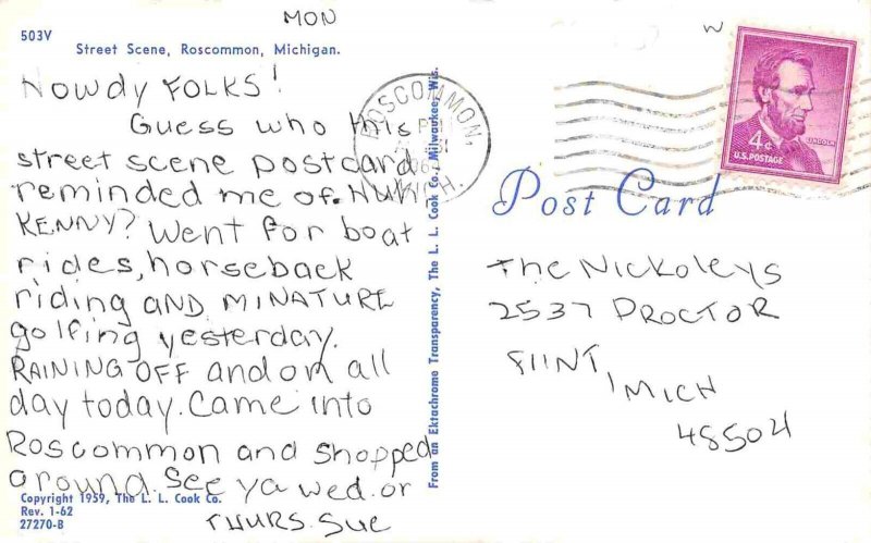 Street Scene Cars Roscommon Michigan 1964 postcard