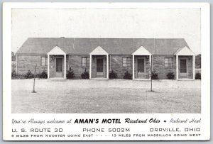 Vtg Orrville Ohio OH Aman's Motel Riceland 1950s View Postcard