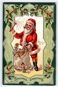 Santa Claus Christmas Postcard His Busy Day Nash Embossed Holly Leaves Toys